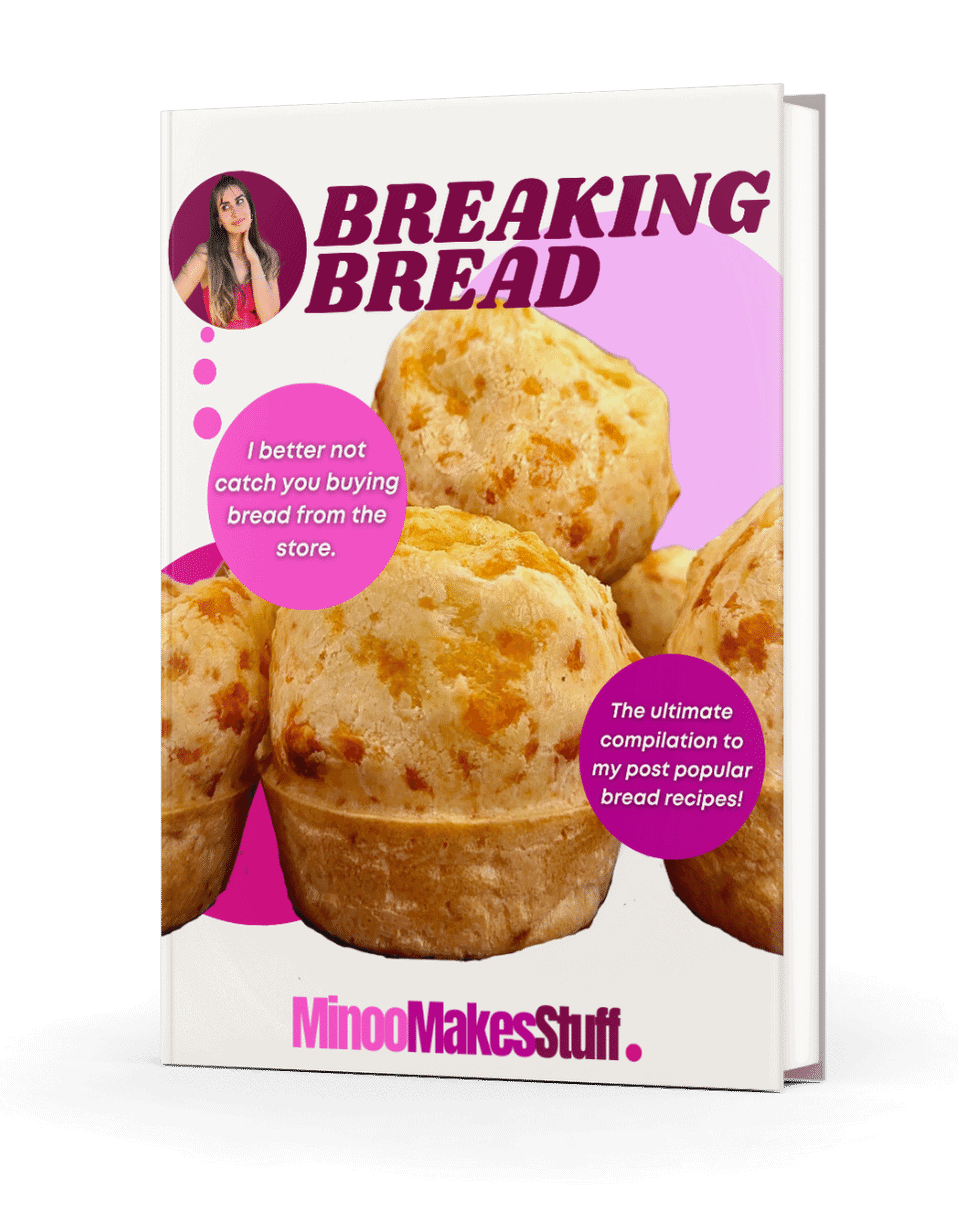 Breaking Bread cookbook cover featuring cheesy bread muffins and the text "Breaking Bread" and "MinooMakesStuff.